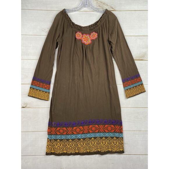 Johnny Was Dress Womens S Brown Cotton Floral Boho Embroidered On/Off Shoulder - Picture 1 of 9